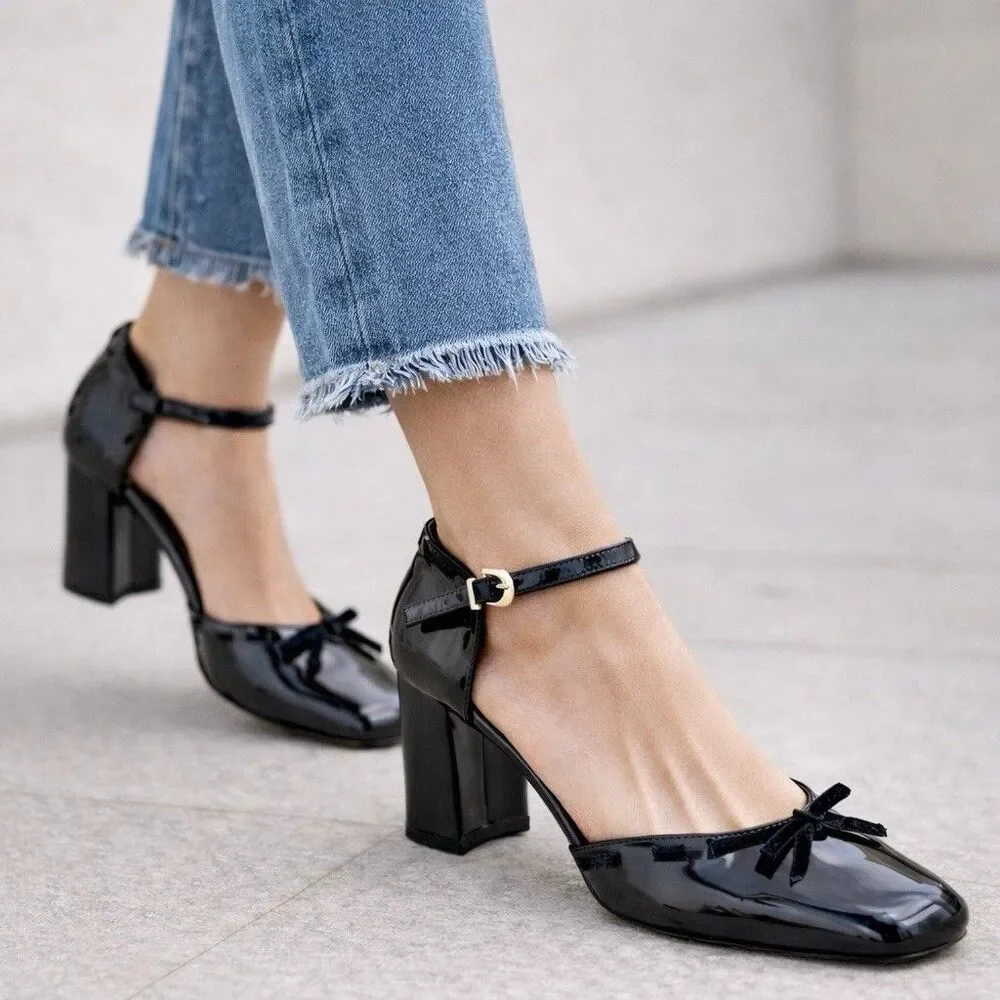 J Crew Maisie Bow Heels Black Patent Leather Mary Jane Block Heel CP058 Womens 7